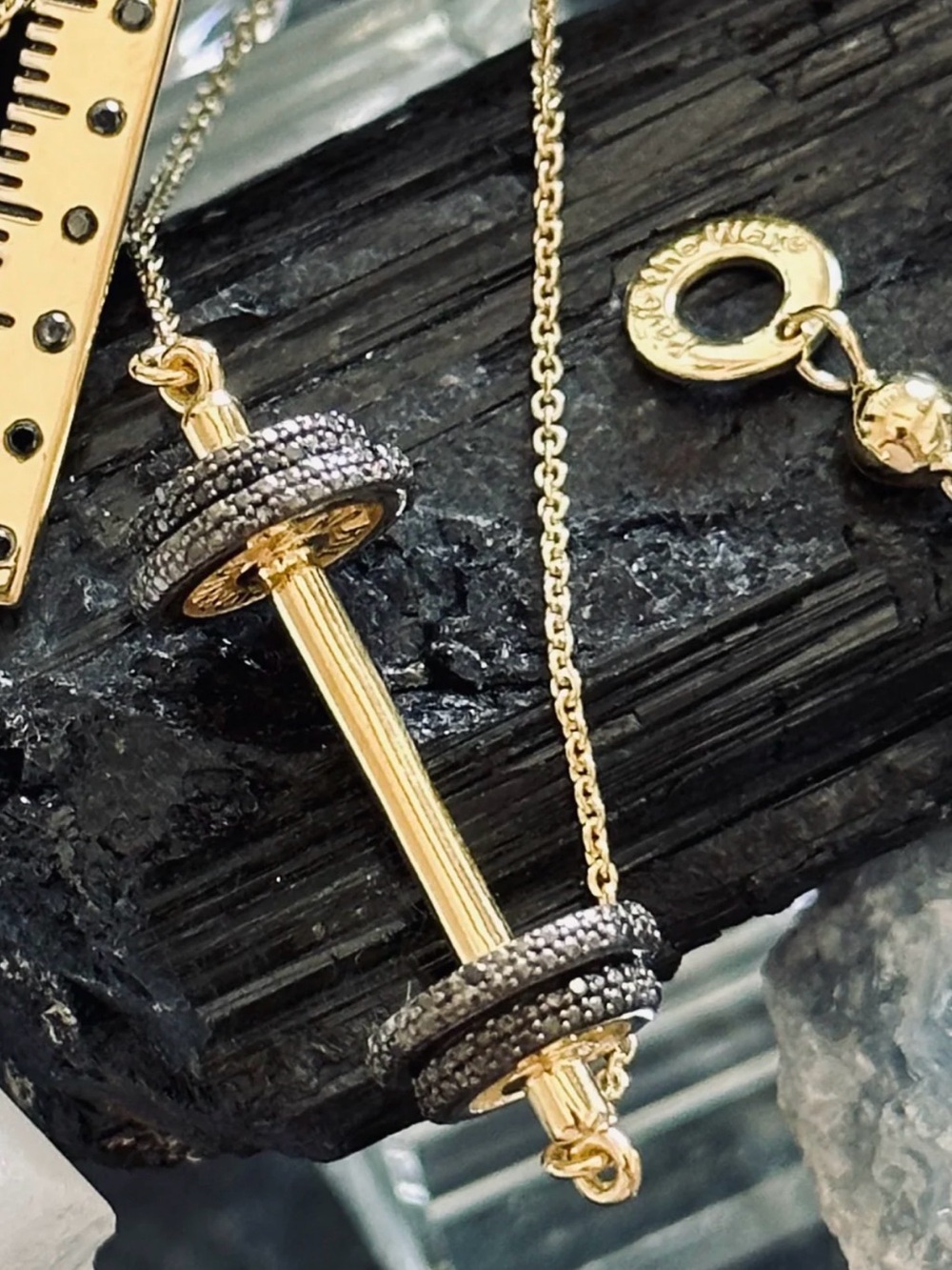 Gold Barbell Pendant Necklace with Black Pave Diamond Accents